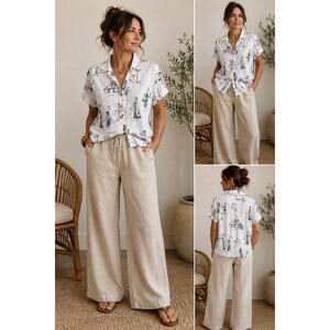 Hot Cotton by Marc Ware White Tribal Print Linen Blend Button Front Shirt Medium